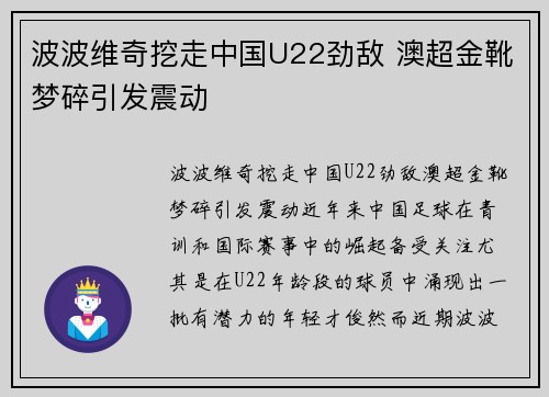波波维奇挖走中国U22劲敌 澳超金靴梦碎引发震动